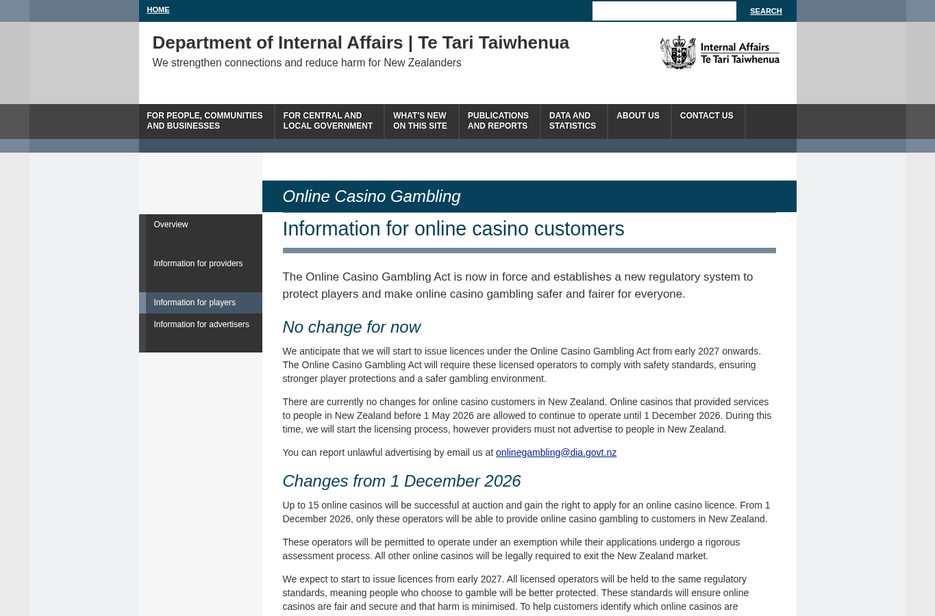 Dated capture of Department of Internal Affairs online casino guidance